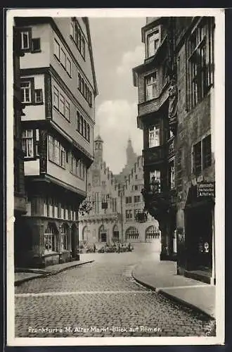 AK Alt-Frankfurt, Alter Markt mit Lebensmittelgeschäft L. Hellwig und Römer