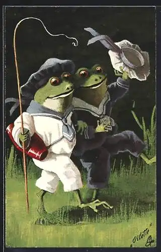 Künstler-AK Frösche in Matrosenanzug auf dem Weg in die Ferien