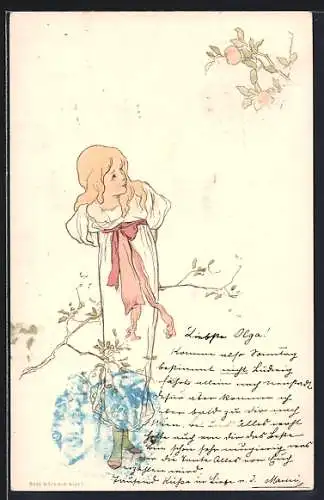 Künstler-AK Mädchen betrachtet einen Zweig mit Äpfeln, Jugendstil
