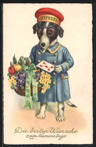AK Terrier als Postbote bringt einen Blumenkorb und Glückwünsche zum Namenstag