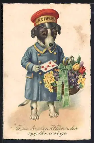 AK Vermenschlichter Terrier als Briefträger mit Blumenkorb und Brief, Glückwunsch zum Namenstag