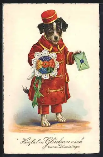 AK Terrier als Page mit Blumenstrauss und Brief, Glückwunsch zum Geburtstag