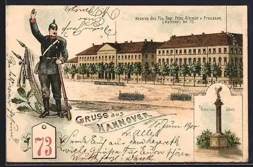 Lithographie Hannover, Kaserne des Füs. Regt. Prinz Albrecht v. Preussen No. 73, Waterloo-Säule, Uniformierter Soldat