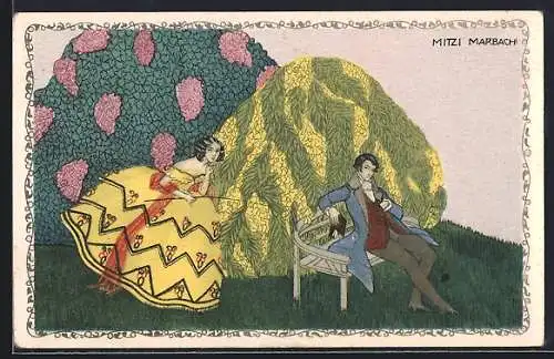 Künstler-AK sign. Mitzi Marbach: Junges Paar auf einer Wiese, Jugendstil