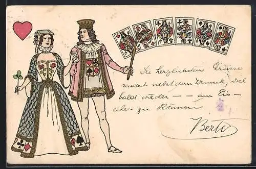 AK Herz-Dame und Herz-König als Paar, Spielkarten