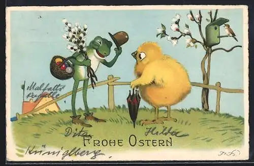 Künstler-AK Fritz Baumgarten: vermenschlichter Frosch mit Ostereiern im Korb grüsst ein Osterküken