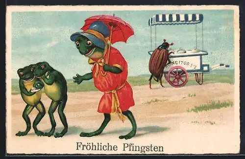 Künstler-AK Frosch-Mutter und ihre Kinder kaufen bei einem Maikäfer Süssigkeiten, Fröhliche Pfingsten