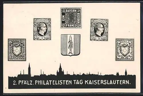 AK Kaiserslautern, 2. Pfälz. Philatelistentag 1923, Briefmarken und Wappen