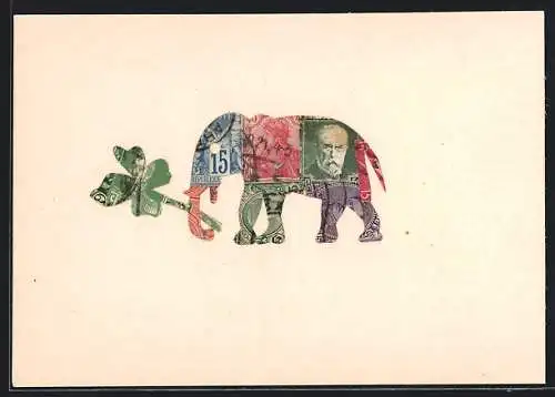 AK Elefant trägt ein Kleeblatt mit dem Rüssel, Briefmarkencollage