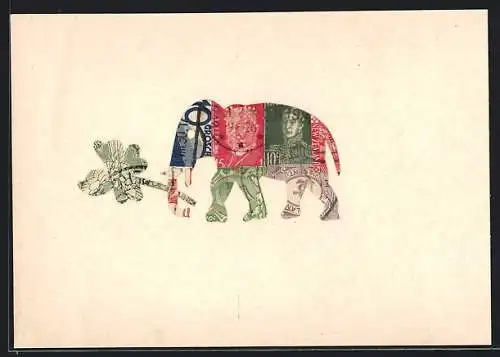 AK Elefant mit Kleeblatt, Briefmarkencollage