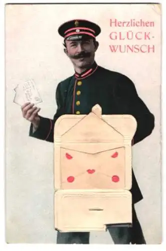 Leporello-AK Postbote mit Brief mit Geldschein, Herzlichen Glückwunsch