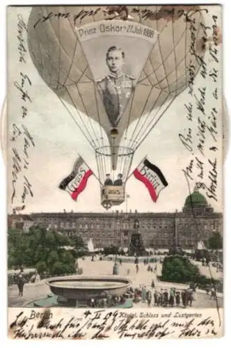 Mechanische-AK Berlin, Königl. Schloss und Lustgarten, Porträts von Kaiser Wilhelm II. und Prinz Oskar im Heissluftballon