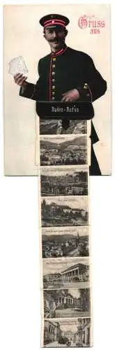 Leporello-AK Baden-Baden, Postbote mit Tasche, Altes Schloss, Conversationshaus, Grossherzogl. Trinkhalle