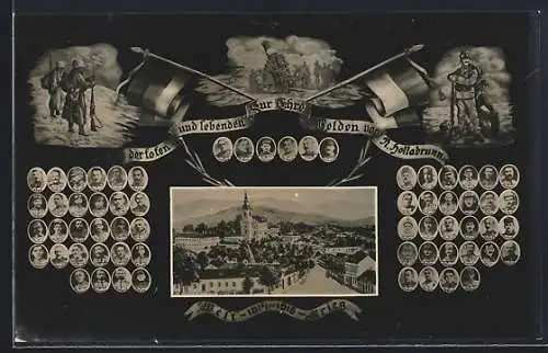 AK N. Hollabrunn, Im 1. Weltkrieg gefallene Soldaten der Stadt, Porträts mit Namen, Fahnen und Ortsansicht