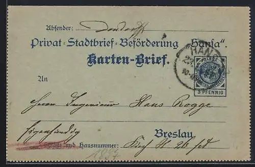 AK Breslau, Private Stadtpost-Beförderung, Ganzsache
