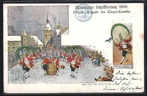 Künstler-AK München, Münchener Schäfflertanz 1900, Vortänzer Xaver Mayr, Briefmarke der Privaten Stadtpost