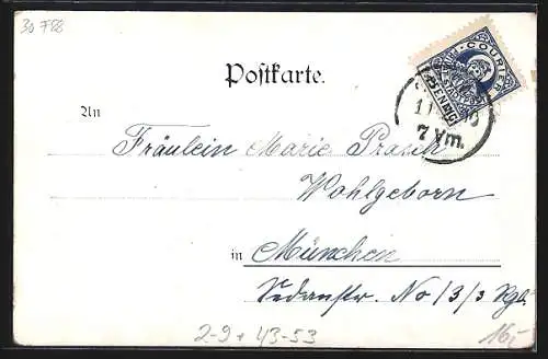 Künstler-AK München, Münchener Schäfflertanz 1900, Vortänzer Xaver Mayr, Briefmarke der Privaten Stadtpost