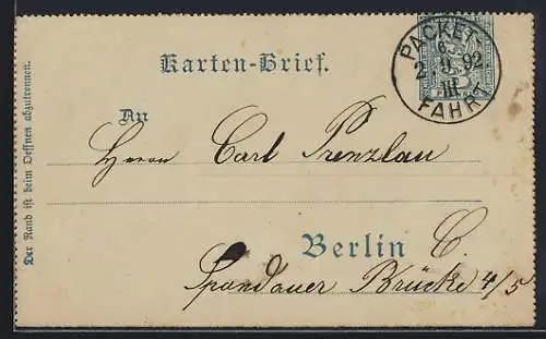 Vorläufer-AK Berlin, 1892, Ganzsache der Privaten Stadtpost mit Stempel