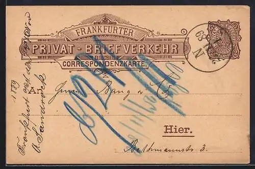 Vorläufer-AK Frankfurt, 1889, Ganzsache der Privaten Stadtpost mit Stempel