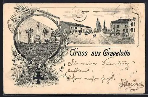 Vorläufer-Lithographie Gravelotte, 1895, Friedhof und Eisernes Kreuz, Strassenpartie
