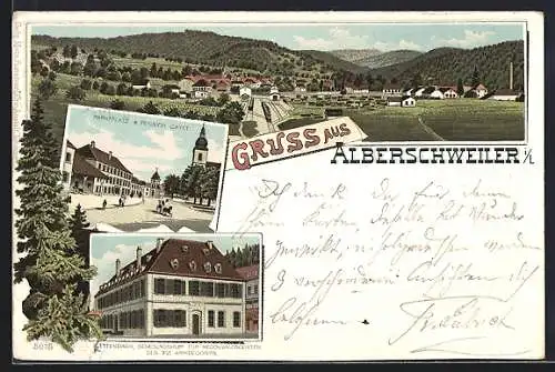 Lithographie Alberschweiler i. L., Pension Cayet und Marktplatz, Rekonvaleszentenheim des XVI. Armeecorps