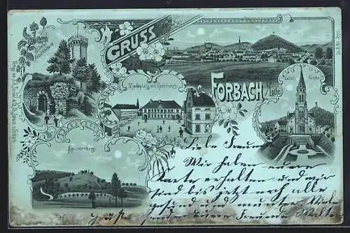 Mondschein-Lithographie Forbach i. Lothr., Marktplatz mit Rathaus, Spichernberg, Kathol. Kirche