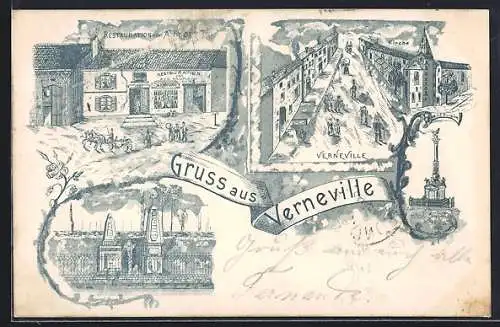 Lithographie Verneville, Restaurant von A. Knoploon, Kirche und Denkmal