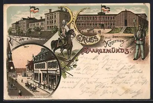 Lithographie Saargemünd, Kasernen, Geschäfte von J. Haan und G. Schuch