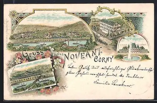 Lithographie Novéant-Corny, Hotel Godthner, Schloss, Ortsansicht mit Hängebrücke