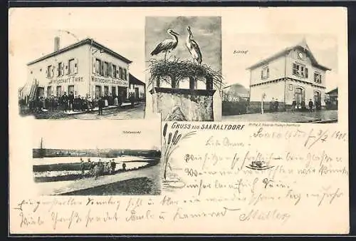 AK Saaraltdorf, Gasthaus zum goldenen Löwen, Bahnhof, Storchennest und Totalansicht
