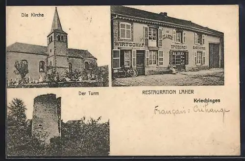 AK Kriechingen, Restaurant Laher, Kirche, Turm