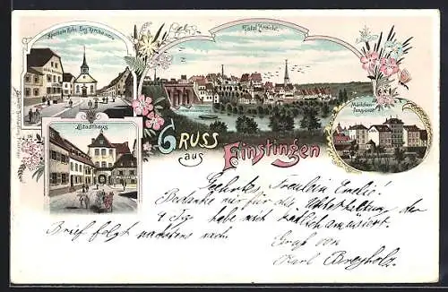 Lithographie Finstingen, Apotheke Kühn, Evg. Kirche, Stadthaus und Mädchen-Pensionat