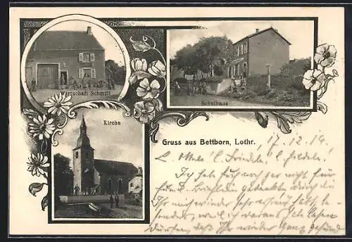 AK Bettborn /Lothr., Gasthaus Schmitt, Schulhaus und Kirche