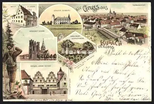 Lithographie Rufach /Ob. Elsass, Institut St. Joseph, Arbogast-Kirche. Schloss Isenburg und Kaiserl. Landw.-Schule