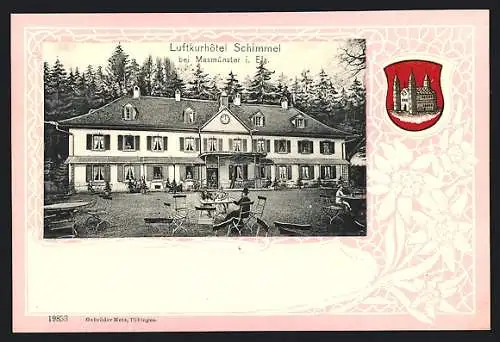 Präge-AK Masmünster i. Els., Luftkur-Hotel Schimmel, Passepartout mit Wappen