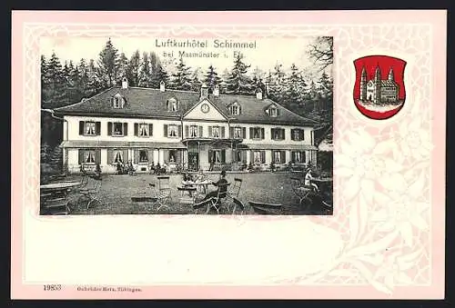 Präge-AK Masmünster i. Els., Luftkur-Hotel Schimmel mit Garten, Wappen