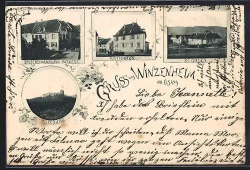 AK Winzenheim /Ob. Elsass, Spezereihandlung Burgert, Rathaus, Phlixburg und St. Gilles