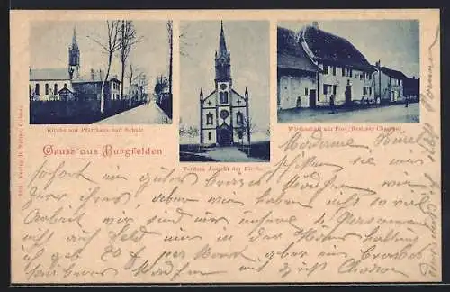 AK Burgfelden, Gasthaus zur Post, Bes. Charron, Kirche mit Pfarrhaus und Schule