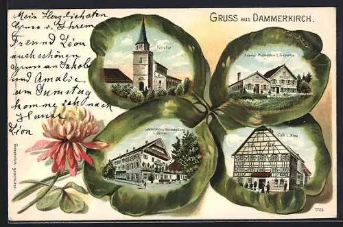 Lithographie Dammerkirch, Bahnhof-Restaurant L. Froeschle, Restaurant L. Dinten und Café L. Riss, Kleeblatt-Passepartout