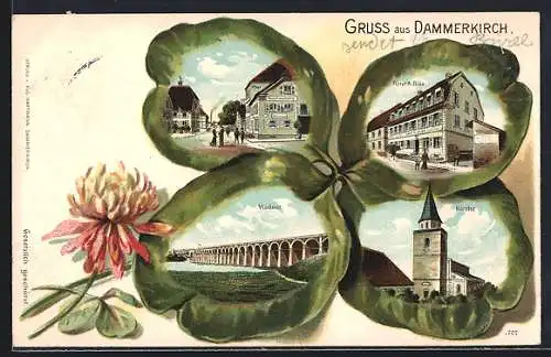 Lithographie Dammerkirch, Hotel A. Riss, Buchhandlung Hartmann, Post und Viadukt, Kleeblatt-Passepartout