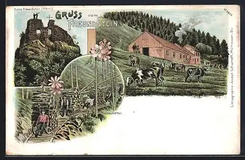 Lithographie Weiler /Kr. Thann, Ruine Freundstein, Holzschlitter und weidende Kühe