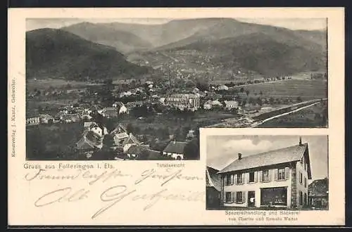 AK Felleringen i. Els., Spezereihandlung und Bäckerei von Charles und Romain Walter, Totalansicht