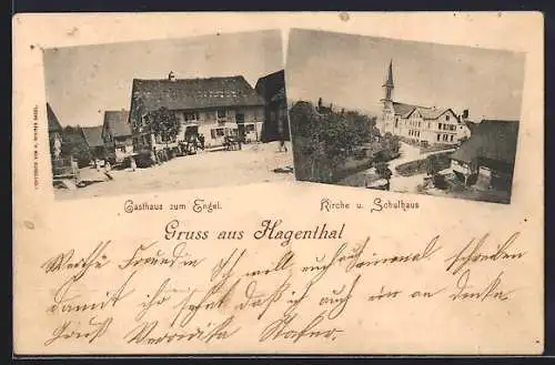 AK Hagenthal, Gasthaus zum Engel, Kirche und Schulhaus