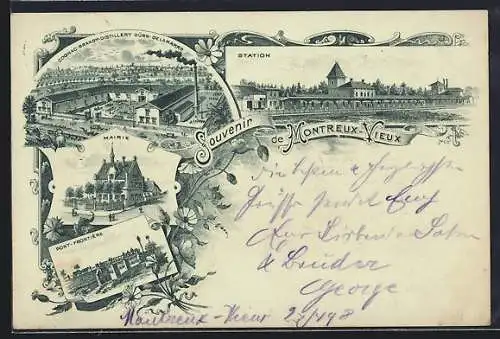 Lithographie Montreux-Vieux, Station, Cognac-Brandy-Distillery Dürr-Delamarre, Mairie, Pont-Frontière