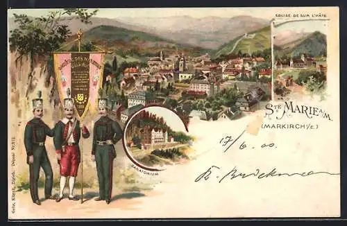 Lithographie Sainte-Marie-aux-Mines, Eglise de sur l`Hâte, Société des Moneurs, Sanatorium