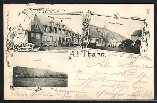 AK Thann, Gasthaus L. Ortlieb, Haltestelle, Kirche und Pfarrhaus