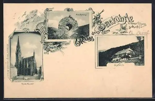 AK Thann i. Elsass, Gasthaus Sackührle, Ruine Engelsburg und Münster