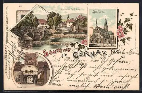Lithographie Cernay, Thanner Thor, Sennheim Thürbrücke, Neue Kirche