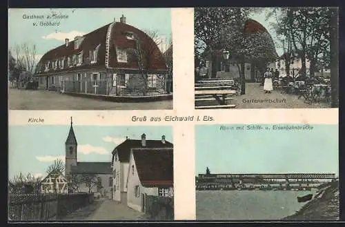 AK Eichwald i. Els., Gasthaus zur Sonne v. Gebhard, Kirchen, Rheinpartie mit Eisenbahnbrücke