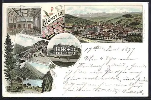 Lithographie Münster /Elsass, Grand Hotel. Schlucht Tunnel, Fischboedle